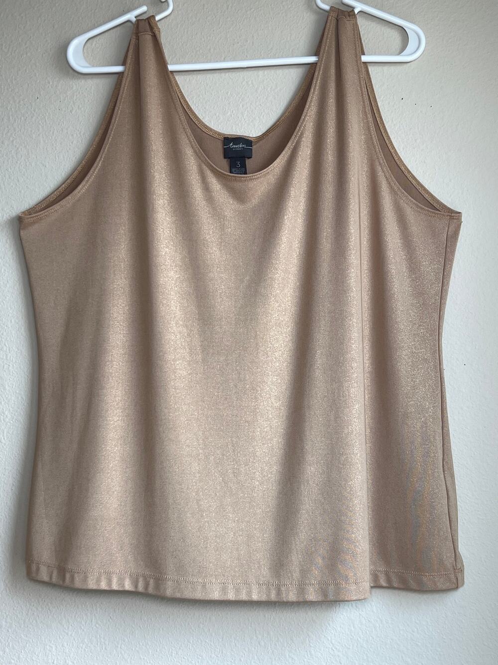 Chicos Travelers Gold Shimmer Tank Top Metallic Scoop Neck Cami Size 3 XL